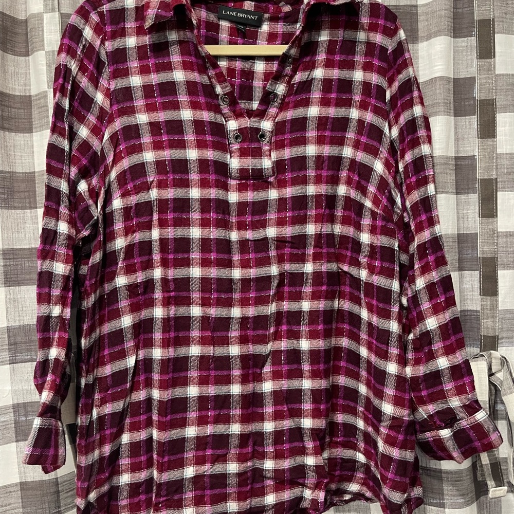 Lane Bryant Burgundy and Pink Plaid Shirt
